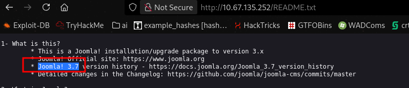 README.txt showing Joomla version 3.7