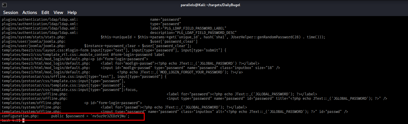 grep results showing $password variable in configuration.php