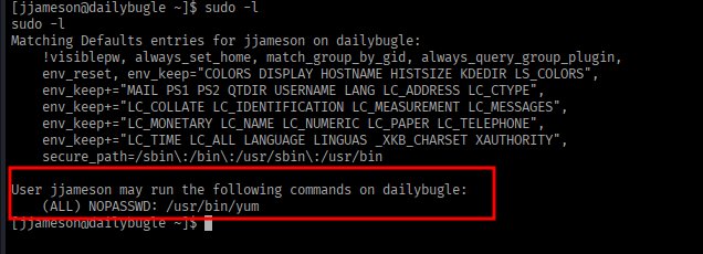 sudo -l output showing NOPASSWD yum
