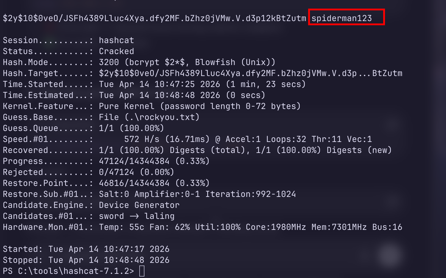 Hash cracked — password is spiderman123