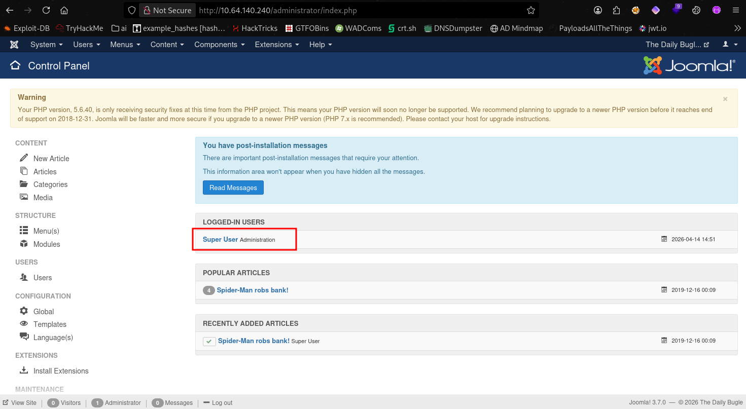 Joomla admin panel — logged in as super user