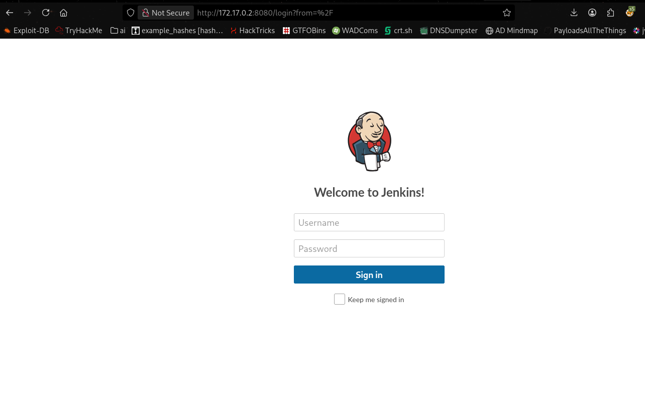 Jenkins login page at 172.17.0.2:8080