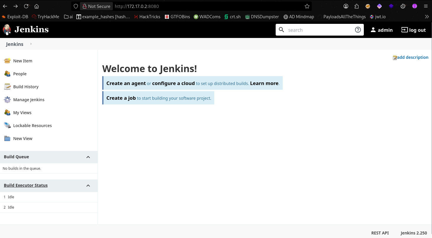 Jenkins dashboard — authenticated as admin