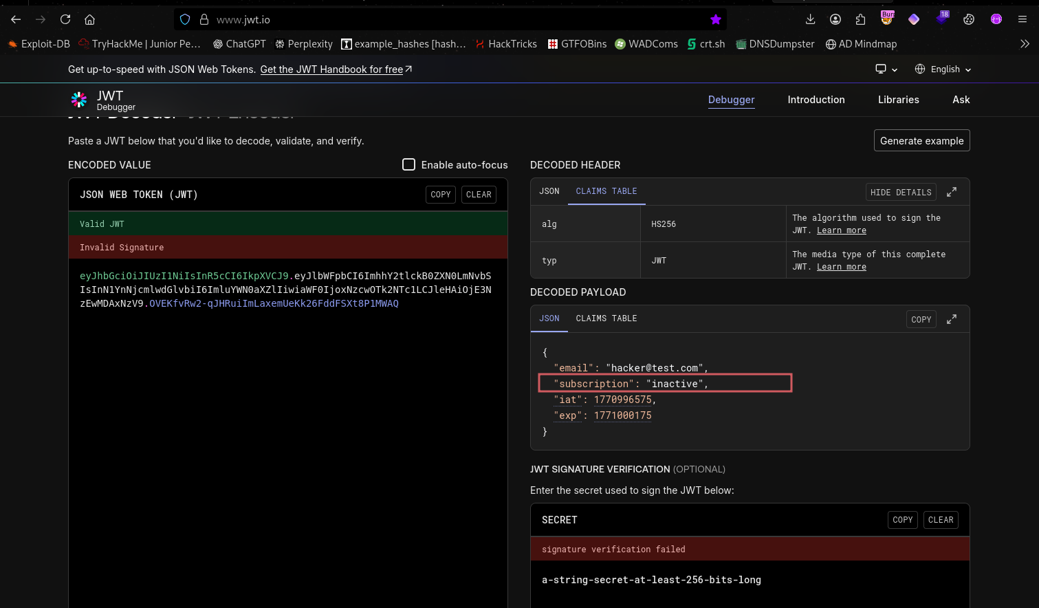 JWT decoded at jwt.io showing subscription field