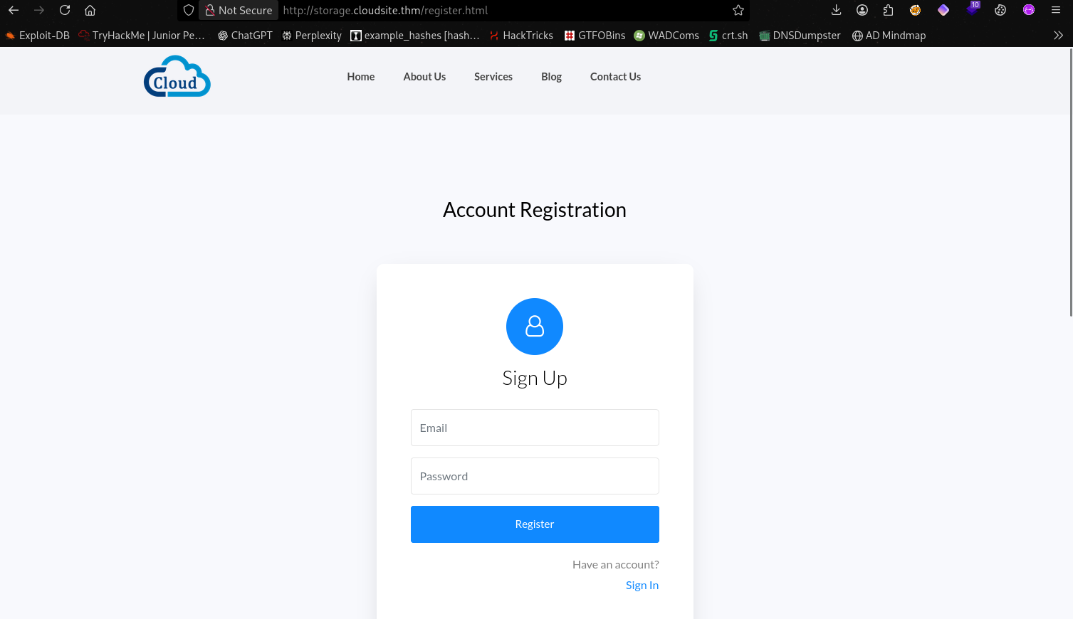 Registration page on storage.cloudsite.thm