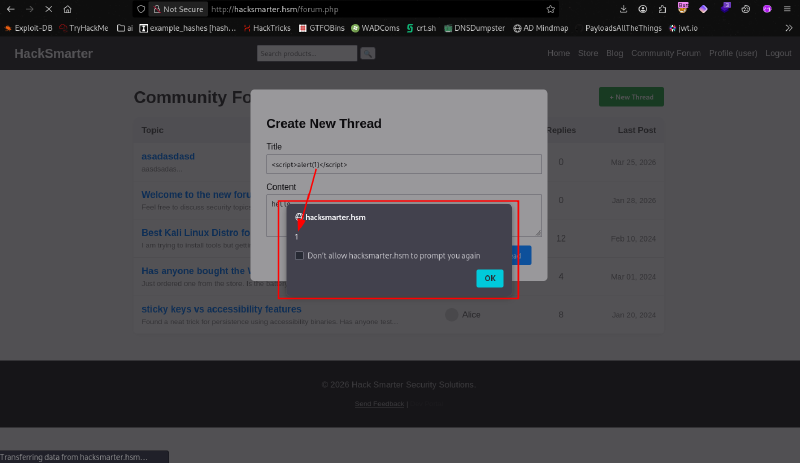 Stored XSS in forum thread title — fires on page load