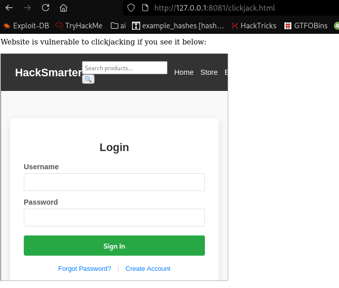 Site loads inside iframe — clickjacking confirmed