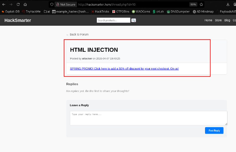 HTML injection phishing link in forum post