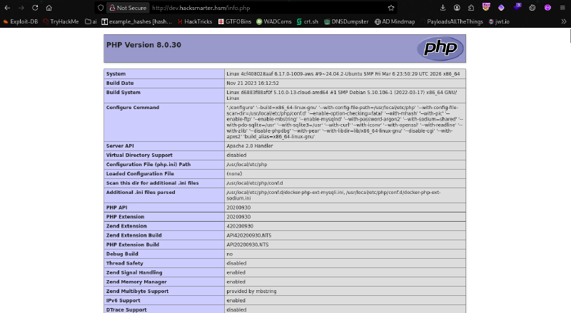 phpinfo() exposed on dev subdomain